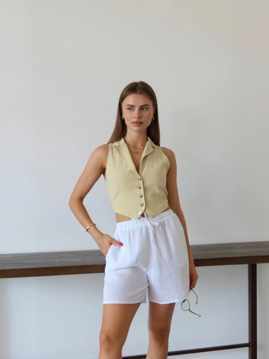 Müslin Kumaş Şort Bağcıklı Beyaz Pt Müslin Kumaş Şort Bağcıklı Beyaz Pt