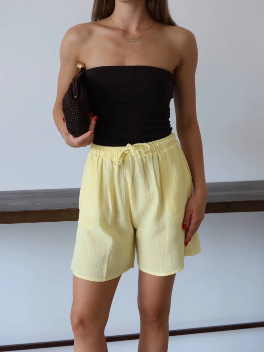 Müslin Kumaş Şort Bağcıklı Sarı Pt Müslin Kumaş Şort Bağcıklı Sarı Pt
