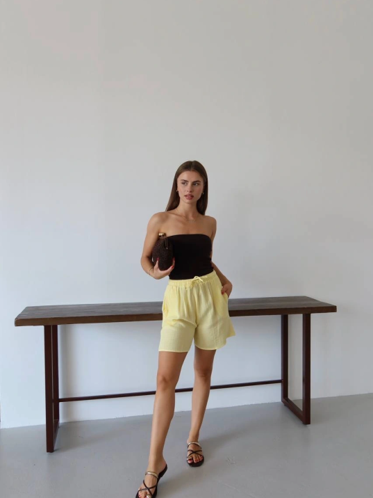 Müslin Kumaş Şort Bağcıklı Sarı Pt Müslin Kumaş Şort Bağcıklı Sarı Pt