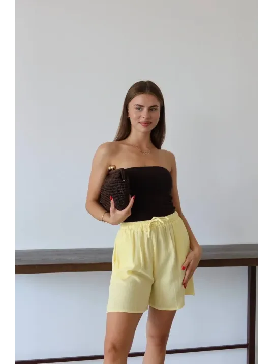 Müslin Kumaş Şort Bağcıklı Sarı Pt