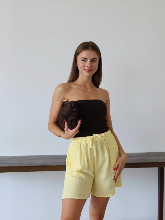 Müslin Kumaş Şort Bağcıklı Sarı Pt Müslin Kumaş Şort Bağcıklı Sarı Pt