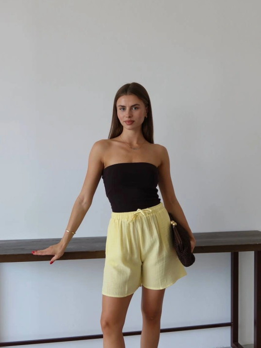 Müslin Kumaş Şort Bağcıklı Sarı Pt Müslin Kumaş Şort Bağcıklı Sarı Pt