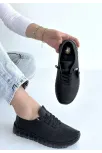 Omma Siyah Deri Lazerli Bağcıklı Spor Ayakkabı