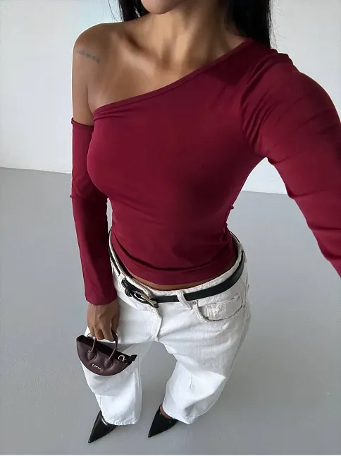 Omuz Detaylı Kollu Bluz Bordo F2336