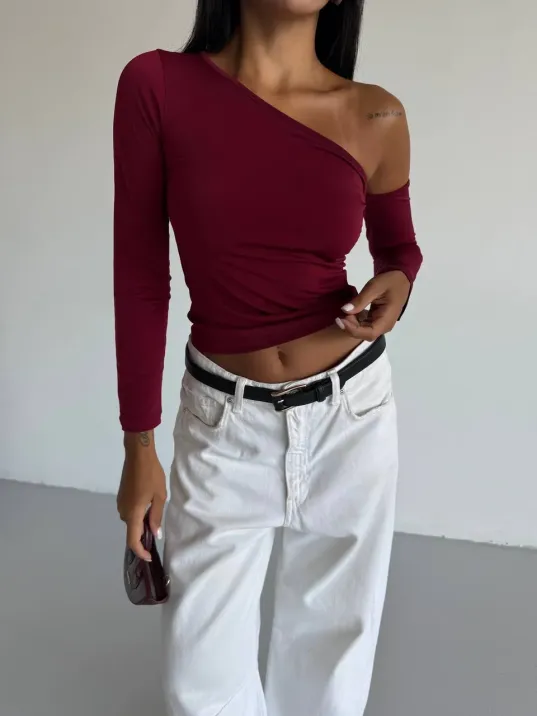 Omuz Detaylı Kollu Bluz Bordo F2336