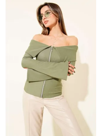 Omzu Açık Fermuarlı Bluz Haki T4330