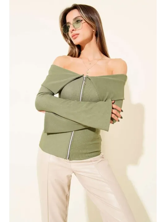 Omzu Açık Fermuarlı Bluz Haki T4330