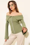 Omzu Açık Fermuarlı Bluz Haki T4330