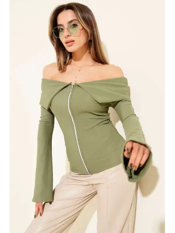 Omzu Açık Fermuarlı Bluz Haki T4330