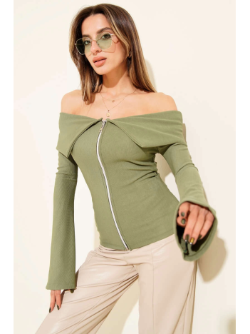 Omzu Açık Fermuarlı Bluz haki T4330