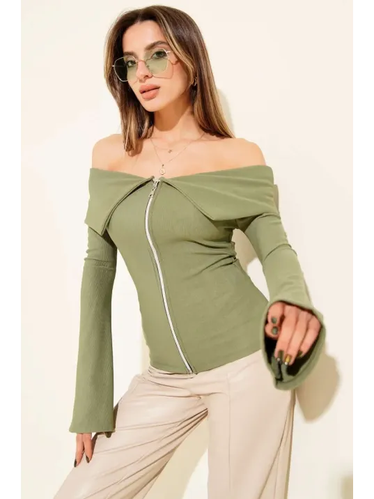 Omzu Açık Fermuarlı Bluz Haki T4330