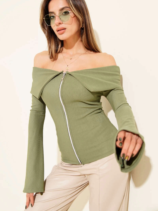 Omzu Açık Fermuarlı Bluz haki T4330 Omzu Açık Fermuarlı Bluz haki T4330