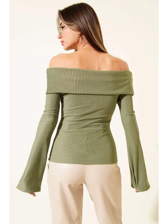 Omzu Açık Fermuarlı Bluz Haki T4330