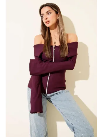 Omzu Açık Fermuarlı Bluz Mürdüm T4330