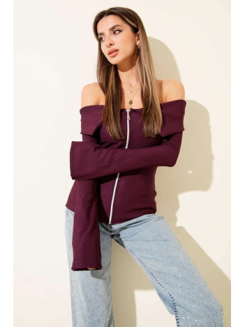 Omzu Açık Fermuarlı Bluz Mürdüm T4330 Omzu Açık Fermuarlı Bluz Mürdüm T4330