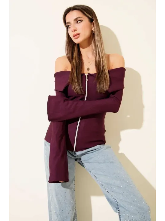 Omzu Açık Fermuarlı Bluz Mürdüm T4330