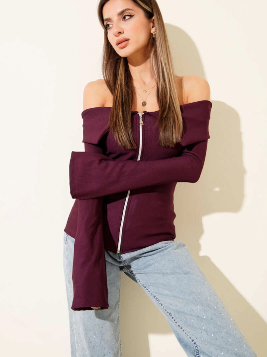 Omzu Açık Fermuarlı Bluz Mürdüm T4330