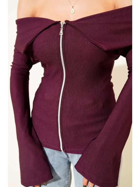 Omzu Açık Fermuarlı Bluz Mürdüm T4330