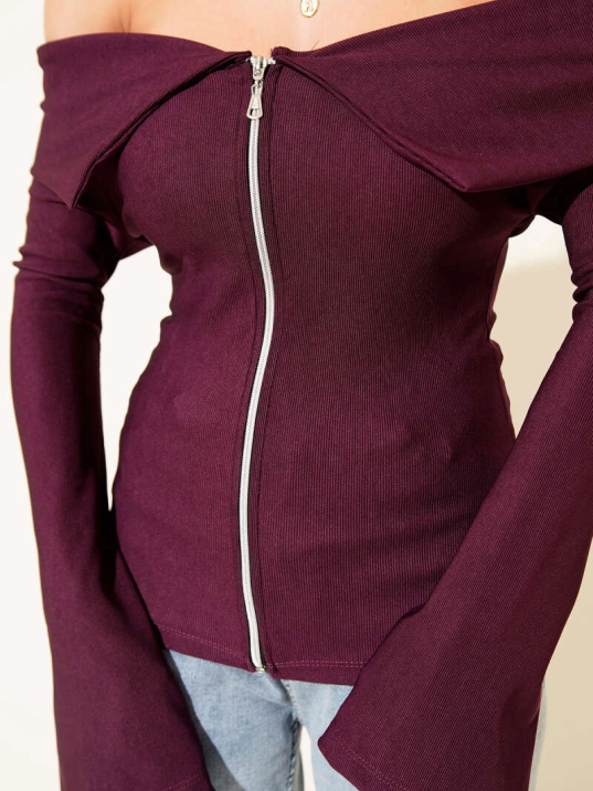 Omzu Açık Fermuarlı Bluz Mürdüm T4330