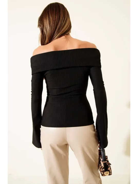 Omzu Açık Fermuarlı Bluz Siyah T4330