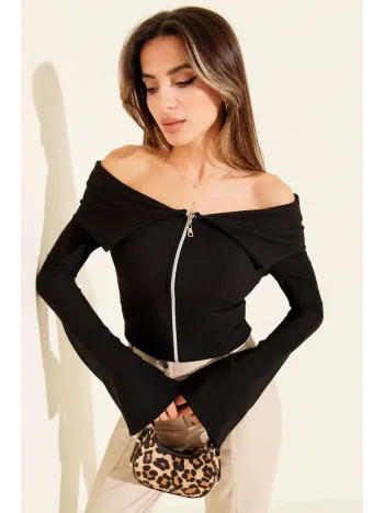 Omzu Açık Fermuarlı Bluz Siyah T4330