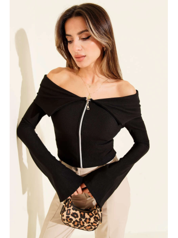 Omzu Açık Fermuarlı Bluz siyah T4330