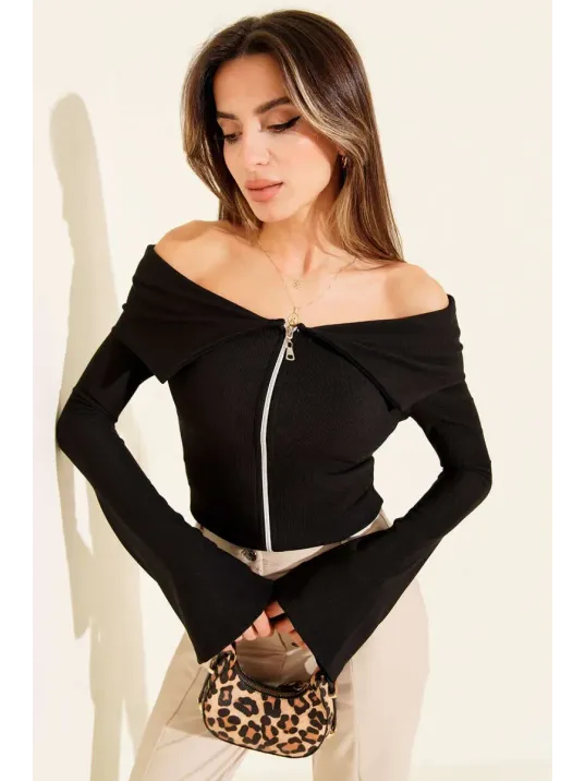 Omzu Açık Fermuarlı Bluz Siyah T4330