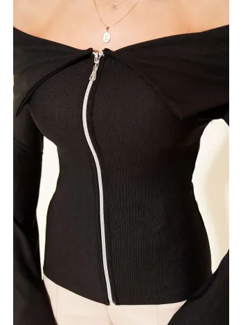 Omzu Açık Fermuarlı Bluz Siyah T4330