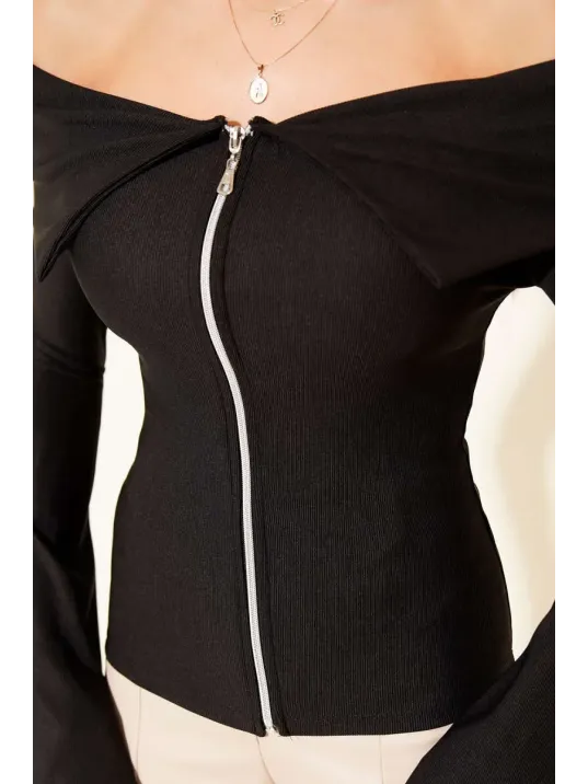 Omzu Açık Fermuarlı Bluz Siyah T4330