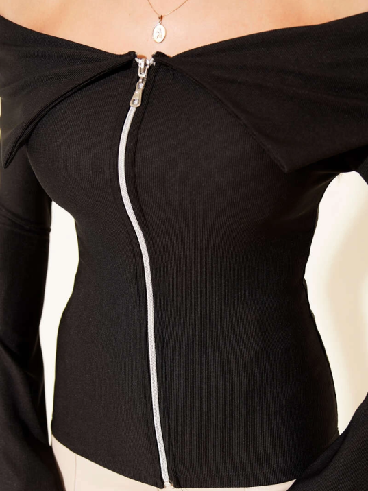 Omzu Açık Fermuarlı Bluz siyah T4330 Omzu Açık Fermuarlı Bluz siyah T4330