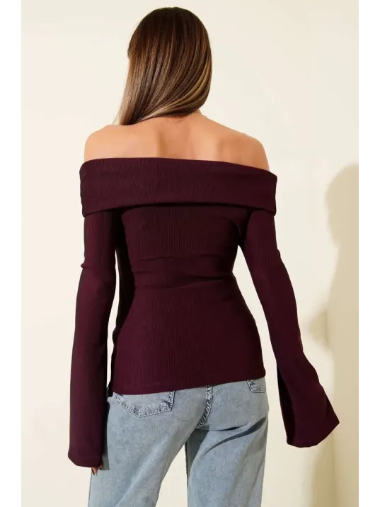 Omzu Açık Fermuarlı Bluz Mürdüm T4330