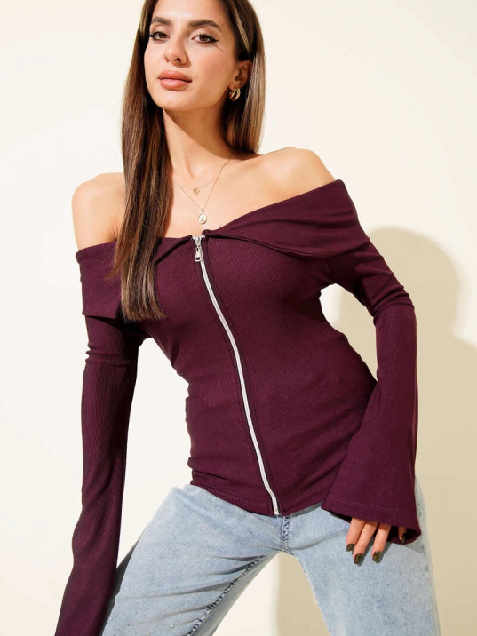 Omzu Açık Fermuarlı Bluz Mürdüm T4330