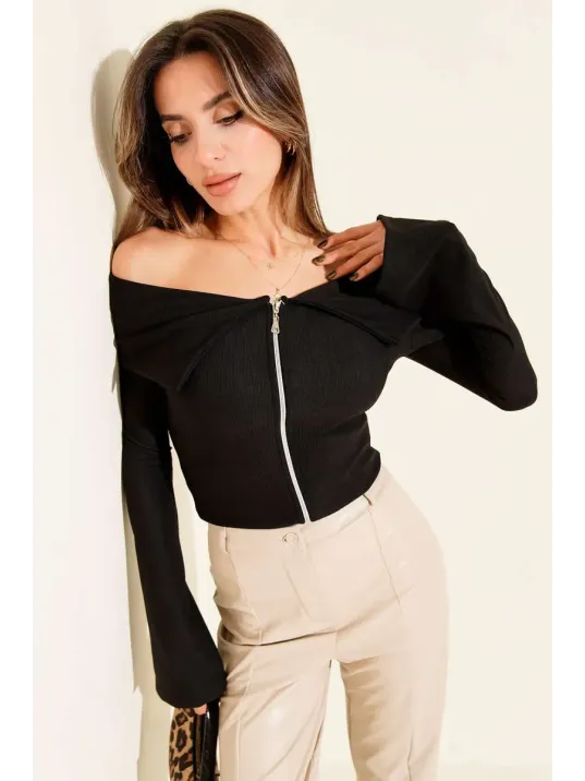 Omzu Açık Fermuarlı Bluz Siyah T4330