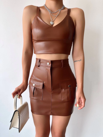 Önden iki cepli deri etek kahve h240040 Önden iki cepli deri etek kahve h240040