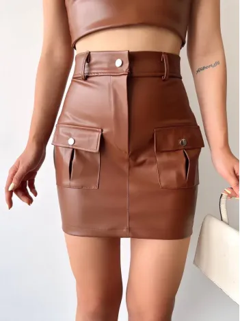 Önden İki Cepli Deri Etek Kahve H240040
