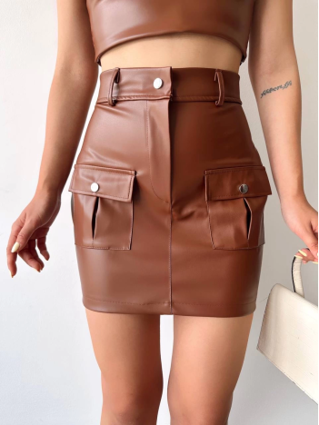Önden iki cepli deri etek kahve h240040 Önden iki cepli deri etek kahve h240040
