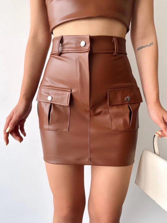 Önden iki cepli deri etek kahve h240040 Önden iki cepli deri etek kahve h240040