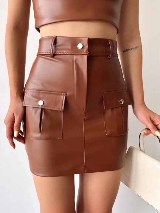 Önden iki cepli deri etek kahve h240040 Önden iki cepli deri etek kahve h240040