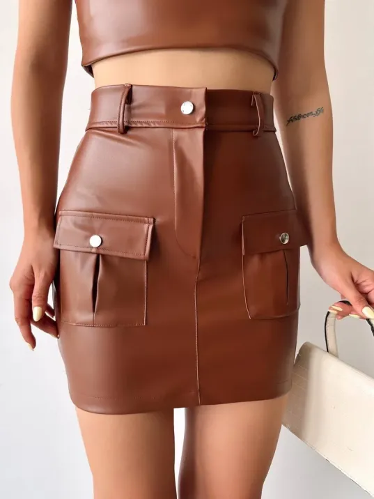 Önden İki Cepli Deri Etek Kahve H240040