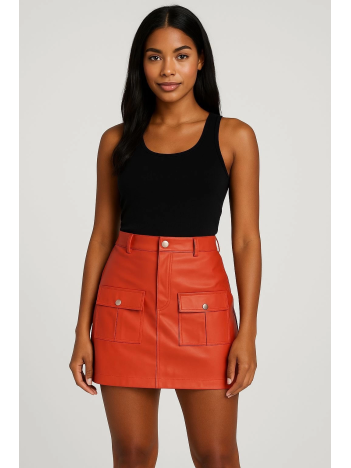 Önden iki cepli deri etek turuncu h240040 Önden iki cepli deri etek turuncu h240040