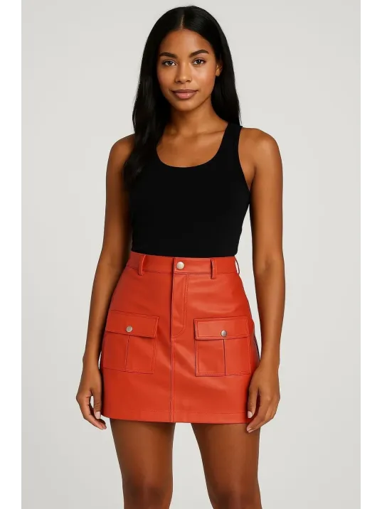 Önden İki Cepli Deri Etek Turuncu H240040 Önden İki Cepli Deri Etek Turuncu H240040