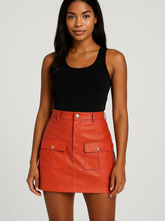 Önden iki cepli deri etek turuncu h240040 Önden iki cepli deri etek turuncu h240040