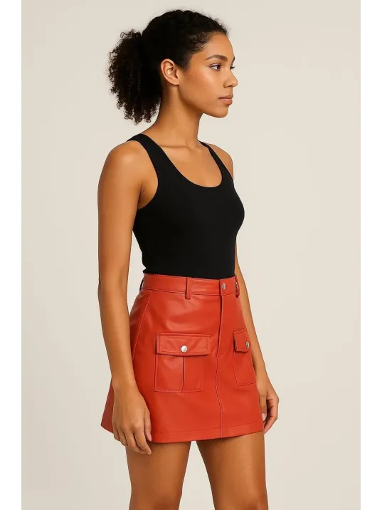 Önden İki Cepli Deri Etek Turuncu H240040