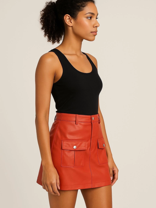 Önden iki cepli deri etek turuncu h240040 Önden iki cepli deri etek turuncu h240040