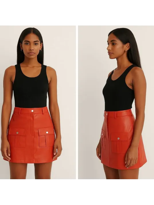 Önden İki Cepli Deri Etek Turuncu H240040