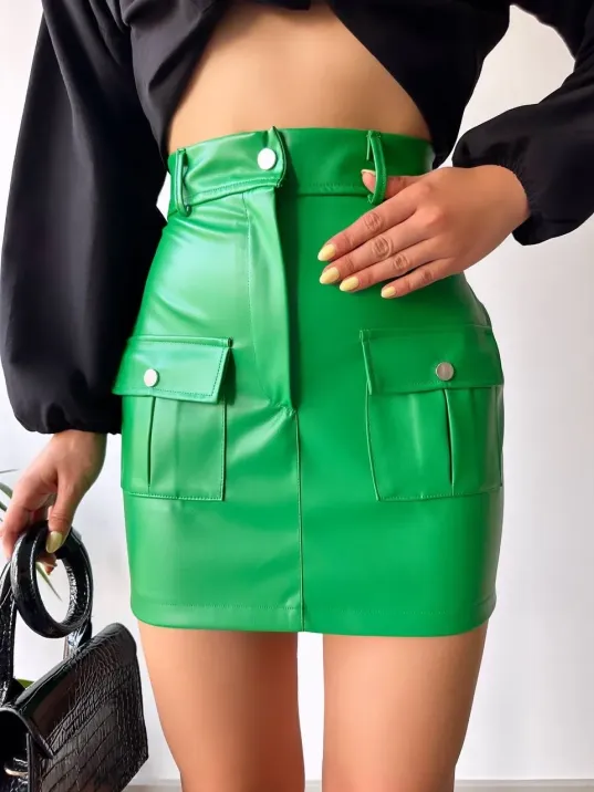 Önden İki Cepli Deri Etek Yeşil H240040