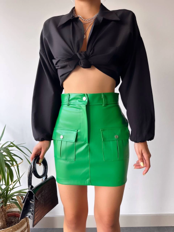 Önden iki cepli deri etek yeşil h240040 Önden iki cepli deri etek yeşil h240040