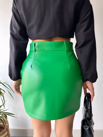 Önden İki Cepli Deri Etek Yeşil H240040