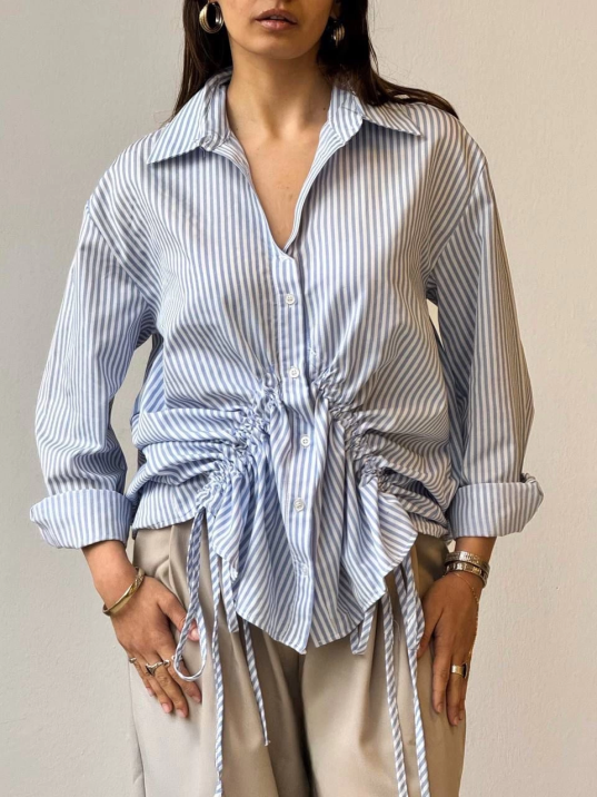Önü büzgü detaylı çizgili gömlek Önü büzgü detaylı çizgili gömlek