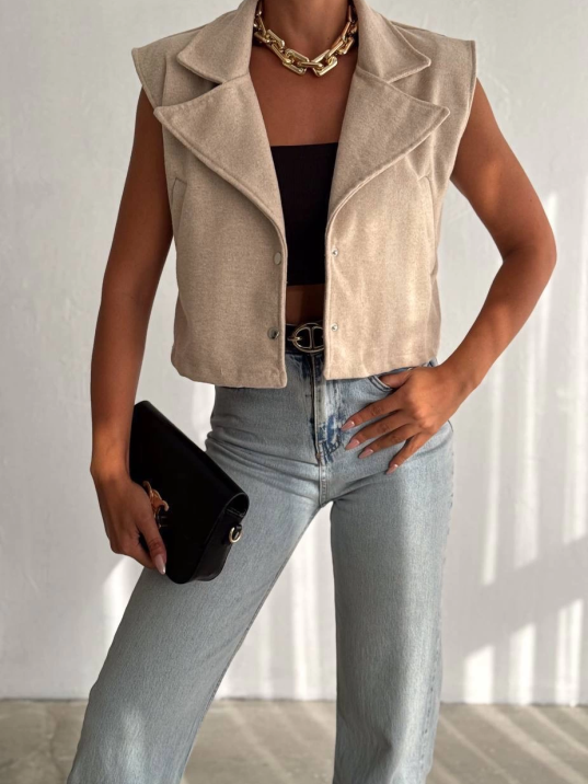 Önü çıtçıtlı cepli kaşe yelek bej f2253 Önü çıtçıtlı cepli kaşe yelek bej f2253